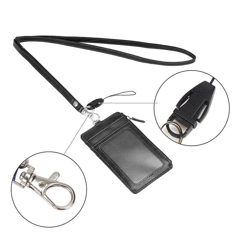 Multi-function Zipper Pocket ID Credit Card Holder Leather Badge Holder with Lanyard