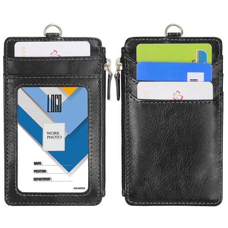 Multi-function Zipper Pocket ID Credit Card Holder Leather Badge Holder with Lanyard