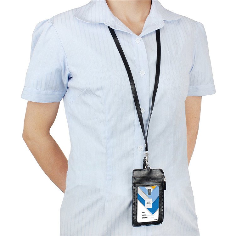 Multi-function Zipper Pocket ID Credit Card Holder Leather Badge Holder with Lanyard