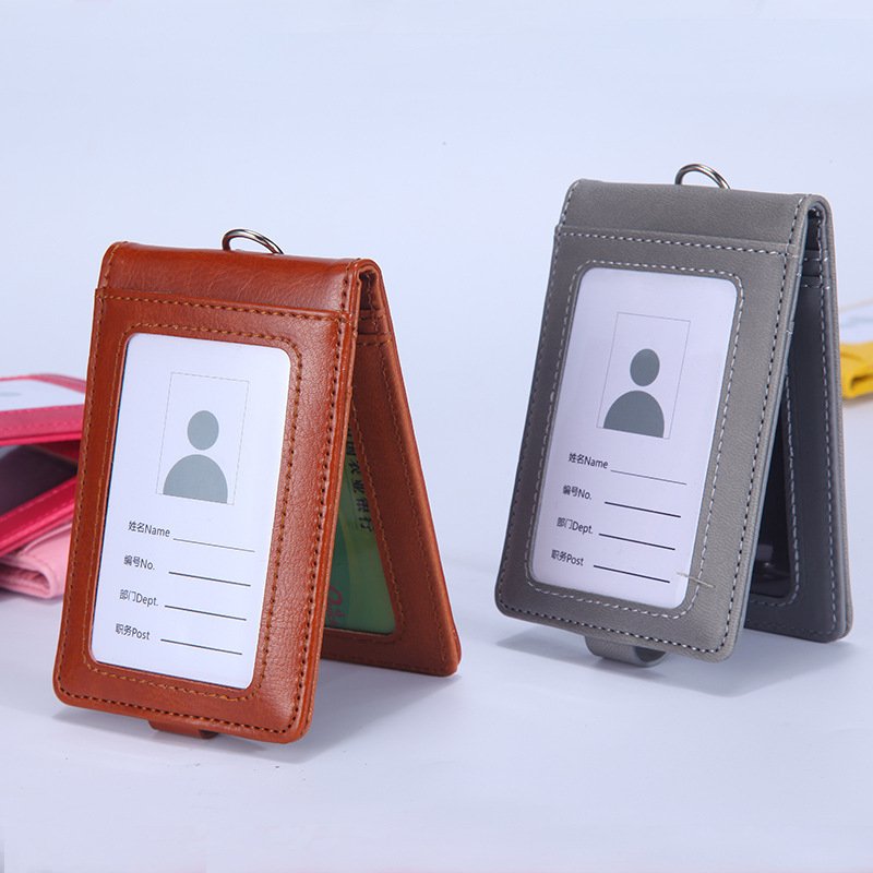 Fold PU Leather multiple Identification Flip Flap Badge Card Holder Wallet Neck Strap Lanyard Staff Card Badge ID Holders