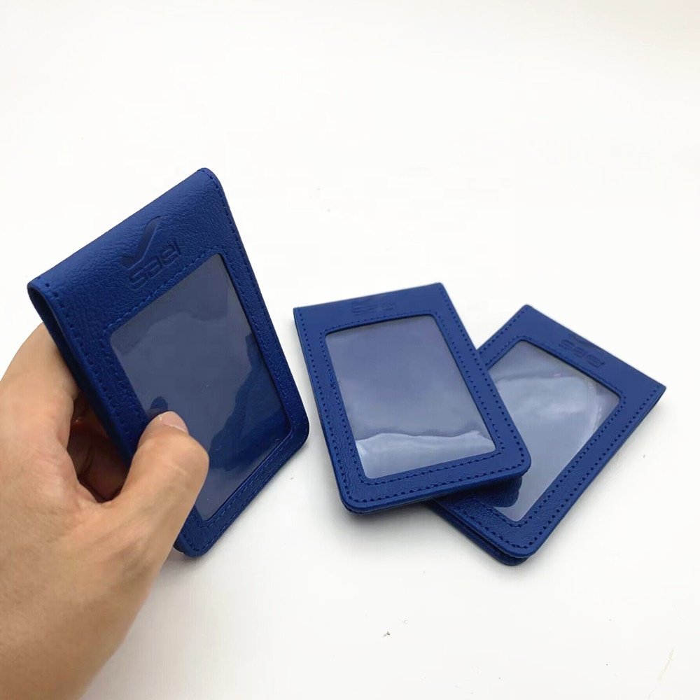 Custom Navy Blue Vertical Faux Leather Badge Holder Blue Color PU Employee ID Card Holder