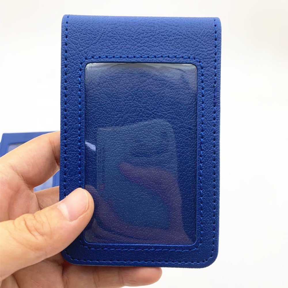 Custom Navy Blue Vertical Faux Leather Badge Holder Blue Color PU Employee ID Card Holder