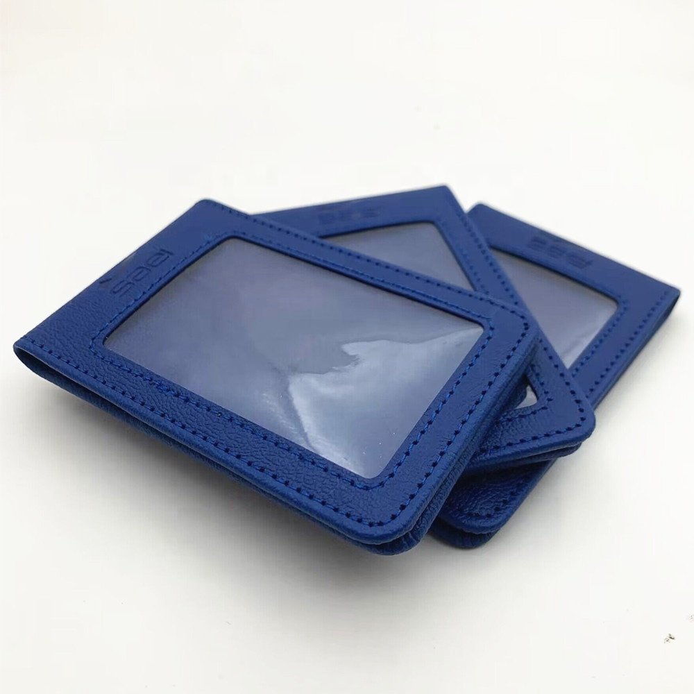 Custom Navy Blue Vertical Faux Leather Badge Holder Blue Color PU Employee ID Card Holder