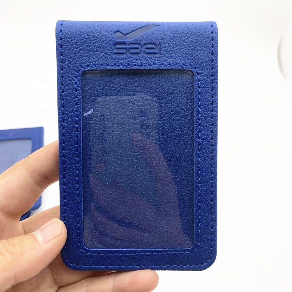 Custom Navy Blue Vertical Faux Leather Badge Holder Blue Color PU Employee ID Card Holder
