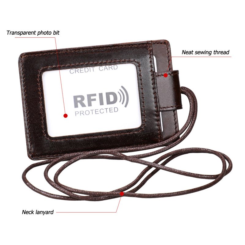 Genuine leather id card badge holder with lanyard rfid blocking cover for chest card hangtag work pass student card holder