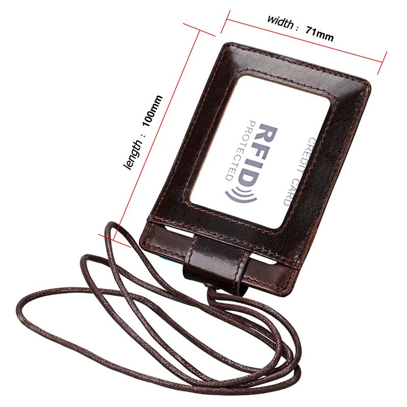 Genuine leather id card badge holder with lanyard rfid blocking cover for chest card hangtag work pass student card holder