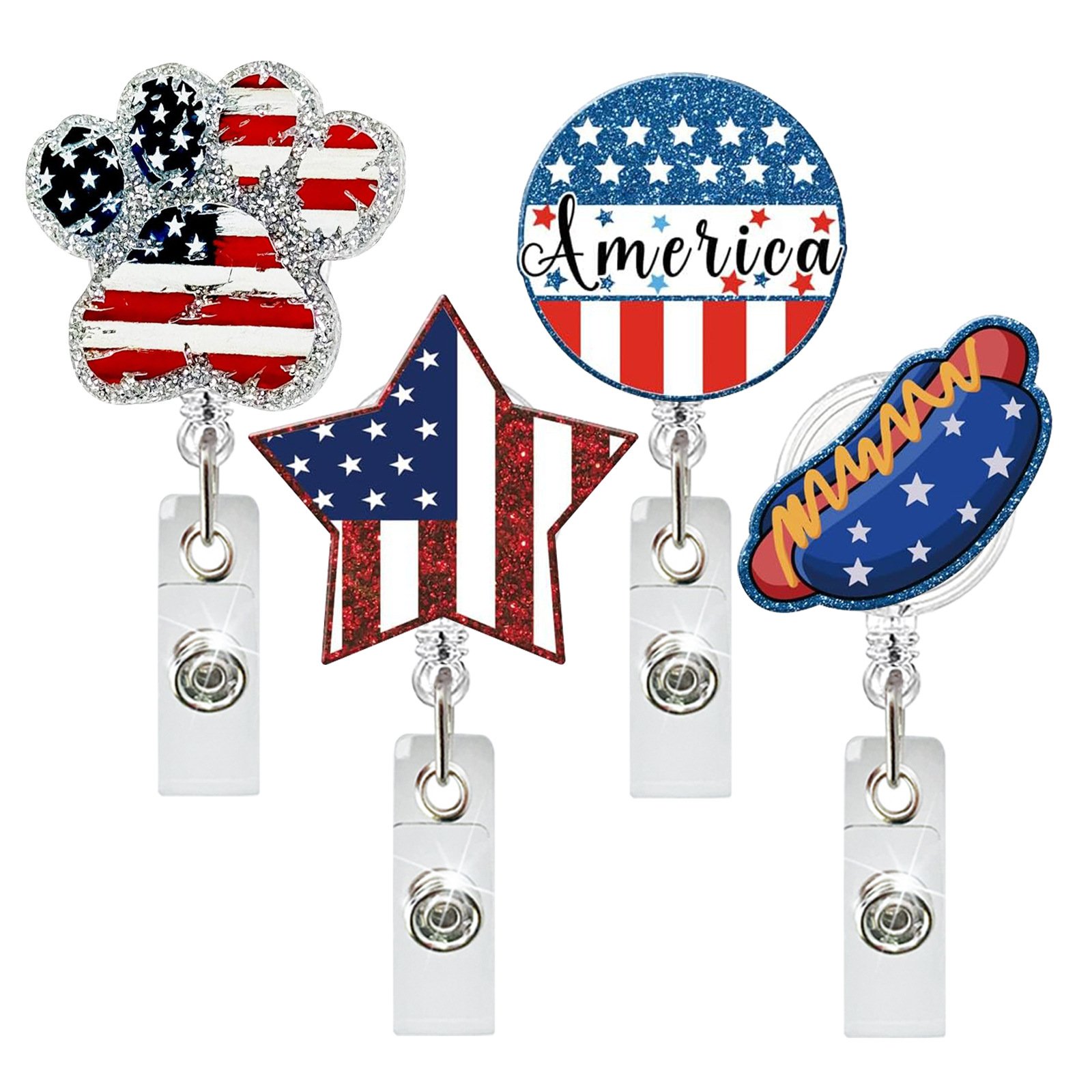 A-029 Acrylic Independence Day Flag Retractable Badge Reel Nurse ID Holder with 360° Rotatable Back Clip for Nurse Gifts