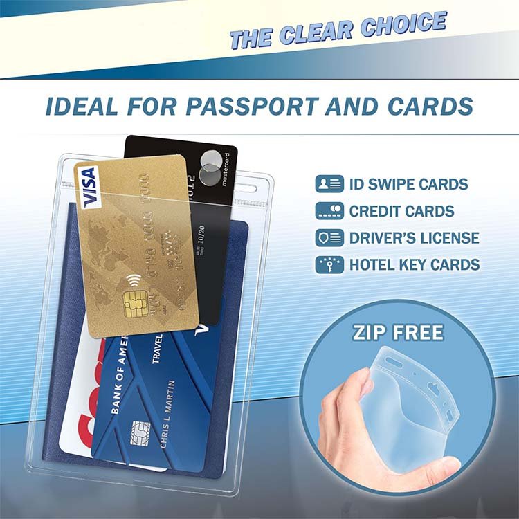 Transparent PVC Custom Logo Waterproof Resealable Zip Clear Passport Cover Plastic Vertical ID Card Name Badge Holder
