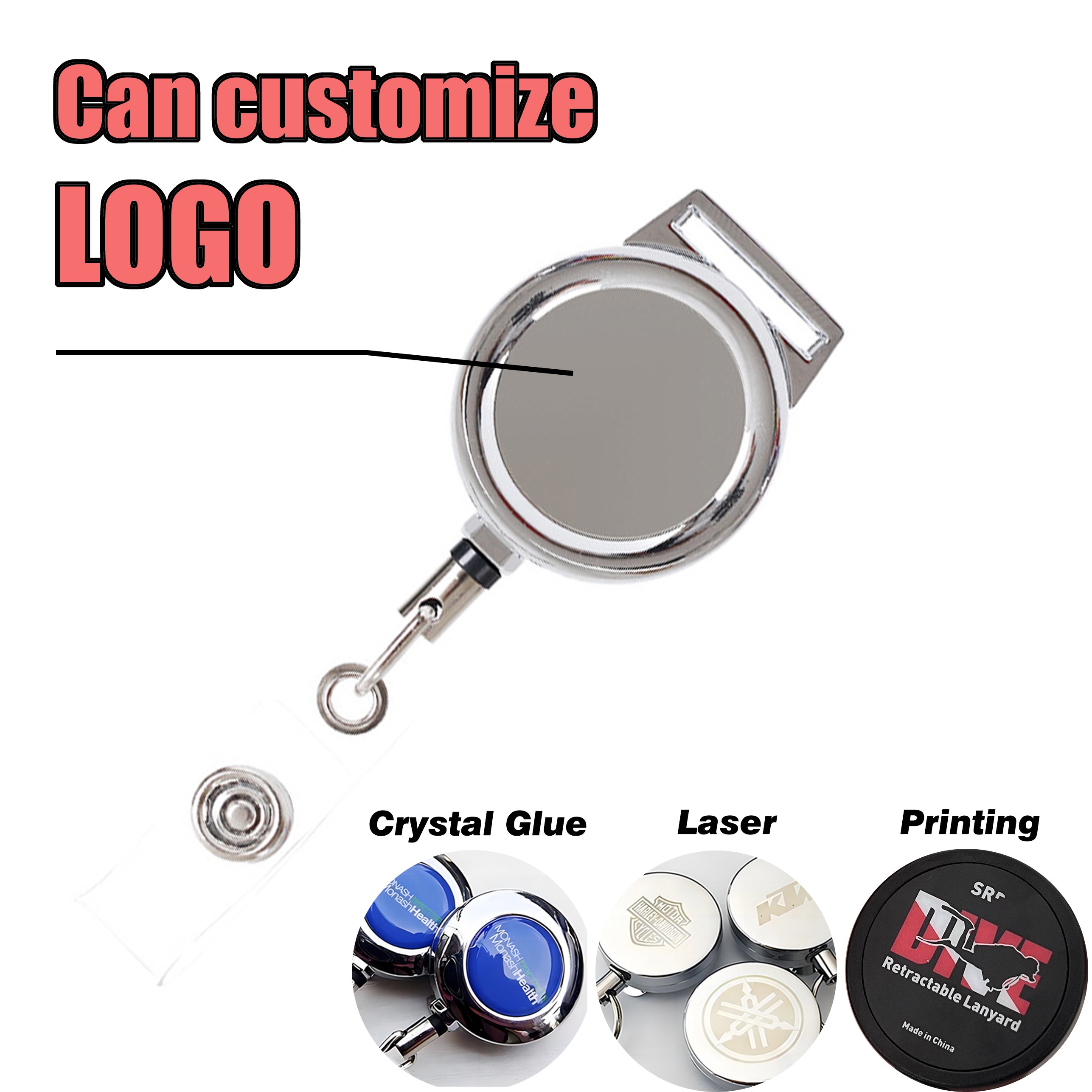 M-019 3CM Custom Logo Retractable Metal Badge Reels Holder with Lanyard for Name Card Holder