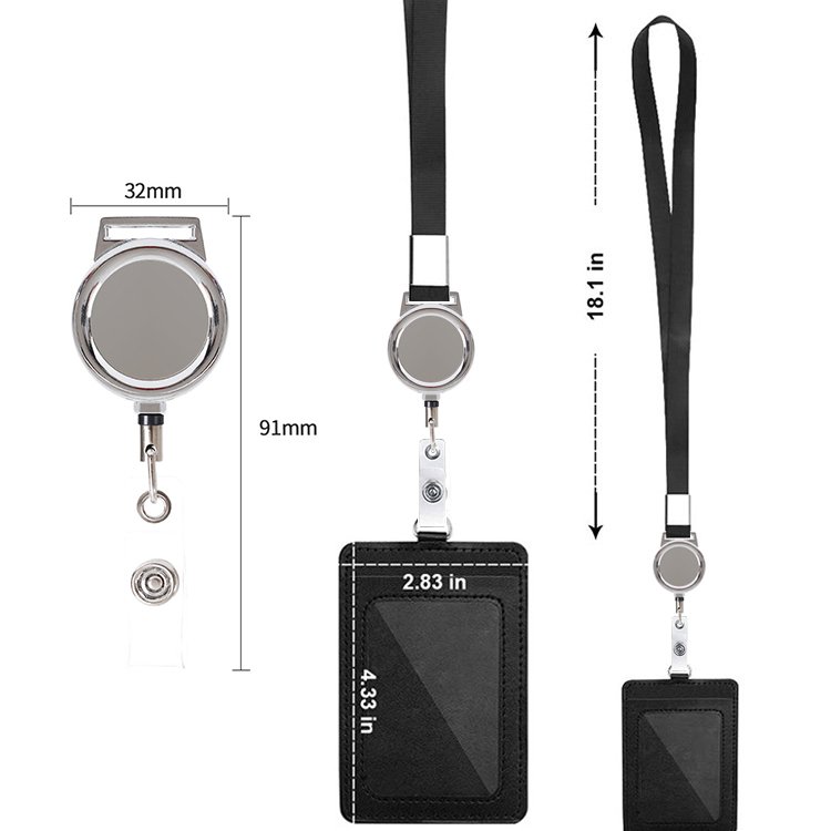 M-019 3CM Custom Logo Retractable Metal Badge Reels Holder with Lanyard for Name Card Holder