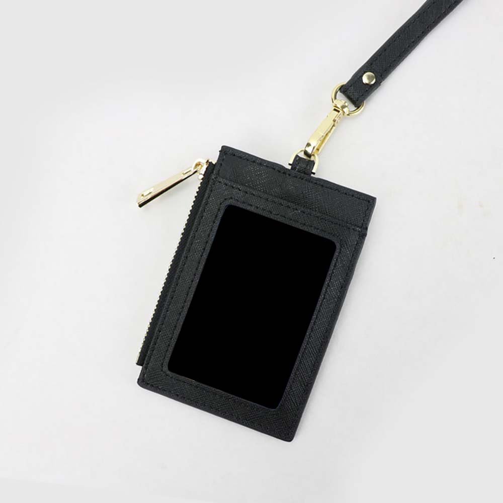 Working photo Exhibition neck hanging business badge ID holder Leather credit card holder zipper wallet with polyester lanyard