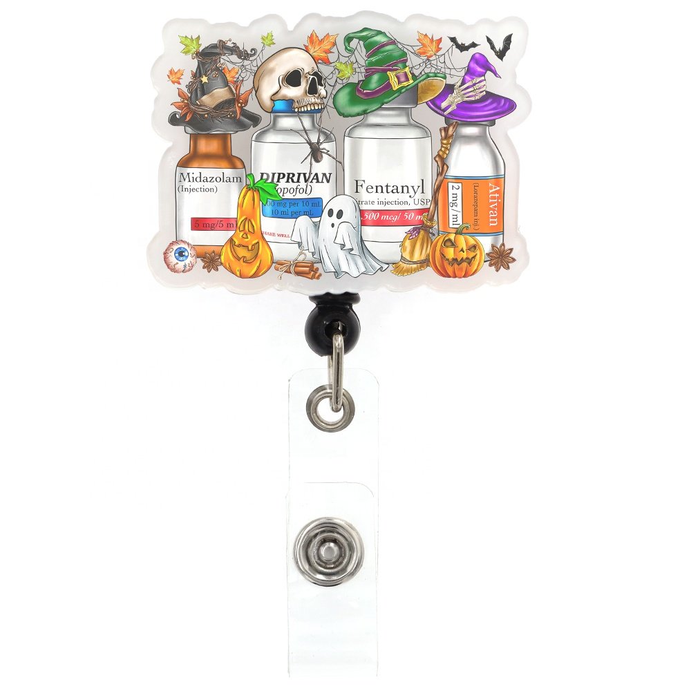 Fashion Acrylic Halloween Style Medical RT Anesthesiology Nurse Badge Reel For Nurse Accessories Pumpkin Skeleton Badge Holder