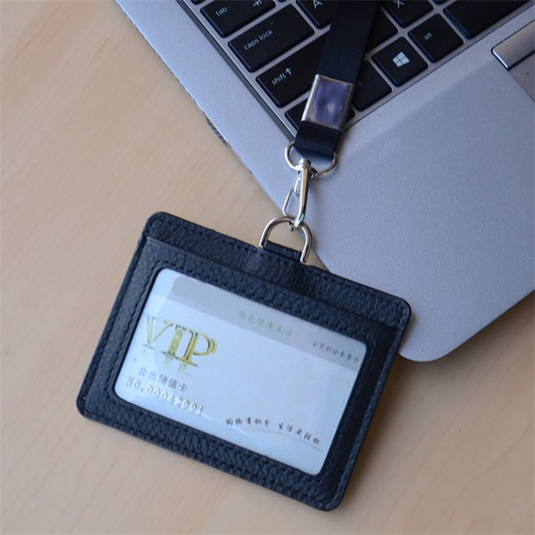 Hot sale Japanese style pebble leather business credit ID card holder flat card pocket with lanyard
