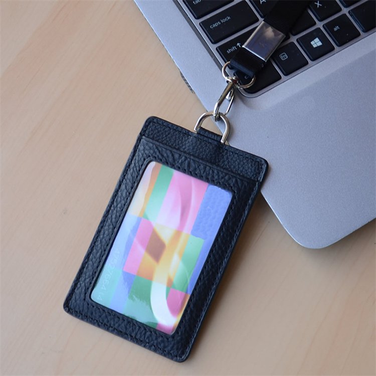 Hot sale Japanese style pebble leather business credit ID card holder flat card pocket with lanyard
