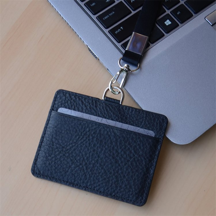Hot sale Japanese style pebble leather business credit ID card holder flat card pocket with lanyard
