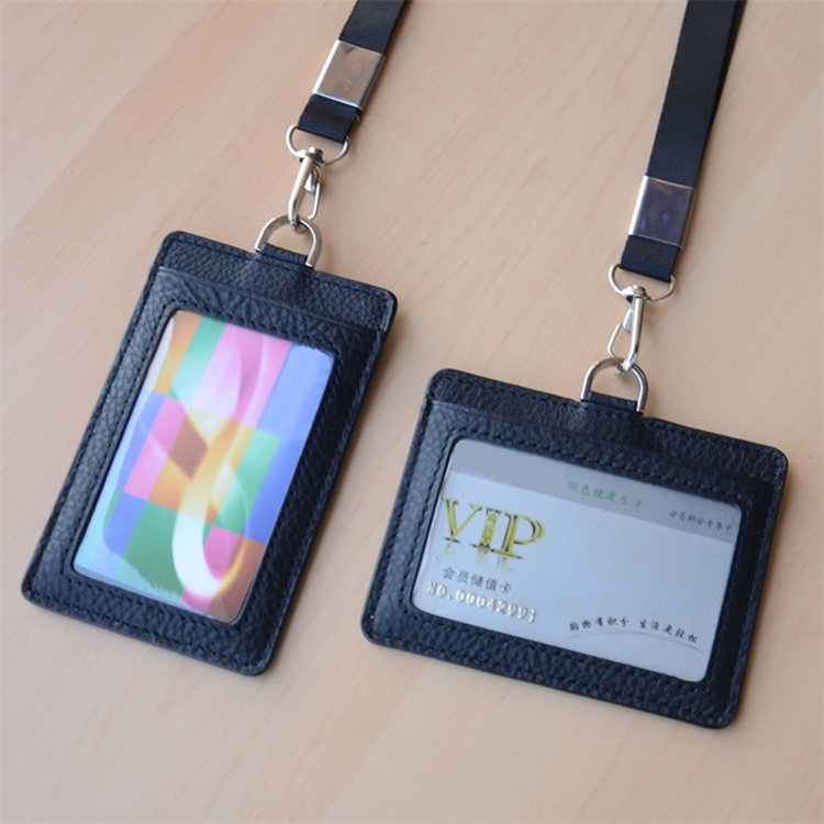 Hot sale Japanese style pebble leather business credit ID card holder flat card pocket with lanyard