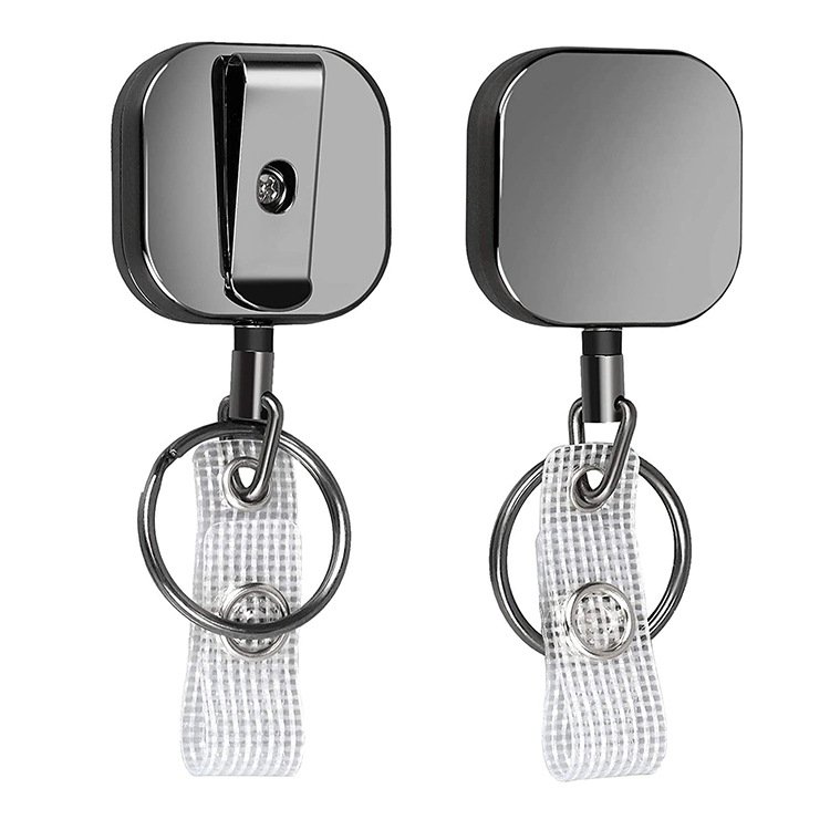 4CM ROUND Custom logo Stainless Steel key fob keychain retractable Name ID badge holder metal Badge reel with Belt Clip