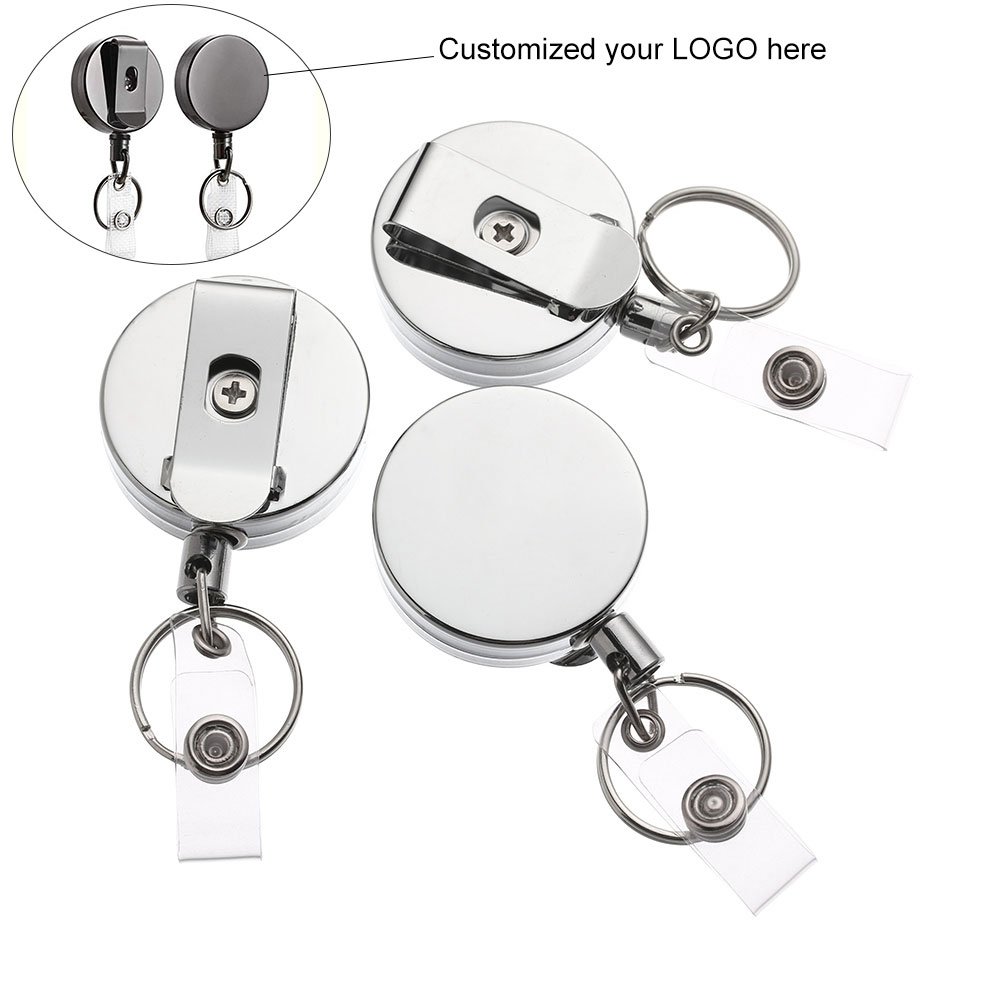 4CM ROUND Custom logo Stainless Steel key fob keychain retractable Name ID badge holder metal Badge reel with Belt Clip