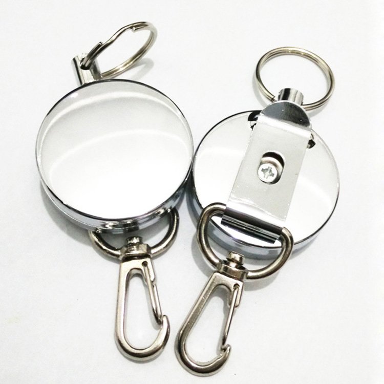 4CM ROUND Custom logo Stainless Steel key fob keychain retractable Name ID badge holder metal Badge reel with Belt Clip