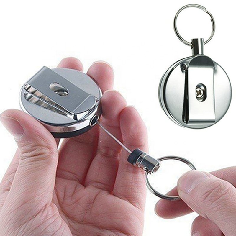 4CM ROUND Custom logo Stainless Steel key fob keychain retractable Name ID badge holder metal Badge reel with Belt Clip