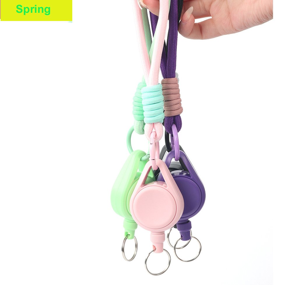 Outdoor Macaron-Shaped Wire Retractable Keychain Quick Load Ring Braided Rope Cross Border Badge Color blocked woven rope Holder