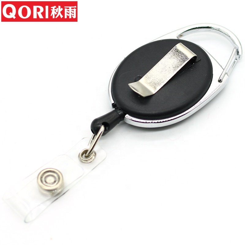 Oval shape solid color carabiner retractable badge holder metal belt clip with metal frame