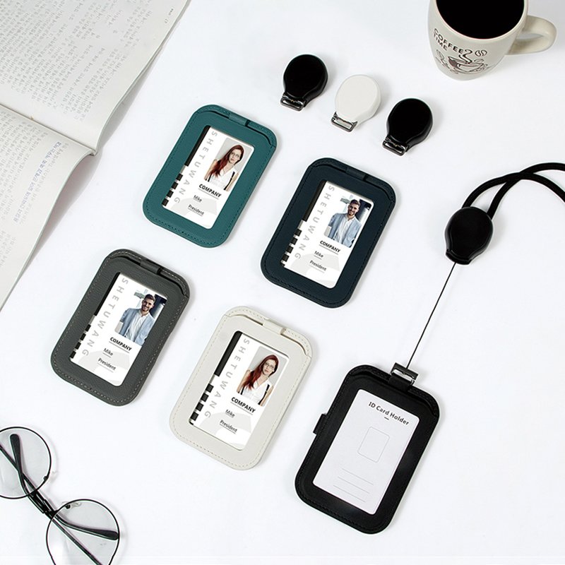 Porta Credenciales Leather Business Credential Badge ID Card Holder with Retractable Lanyard for Office Employee Supplies