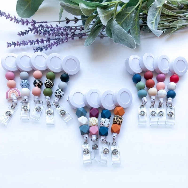 Alligator Clip Retractable Badge Reels Rainbow Silicone Beaded Id Work Badge Reel Nurse Badge Holder Teacher Gift