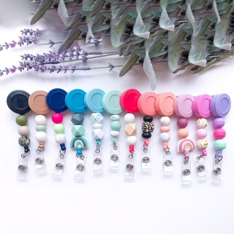 Alligator Clip Retractable Badge Reels Rainbow Silicone Beaded Id Work Badge Reel Nurse Badge Holder Teacher Gift