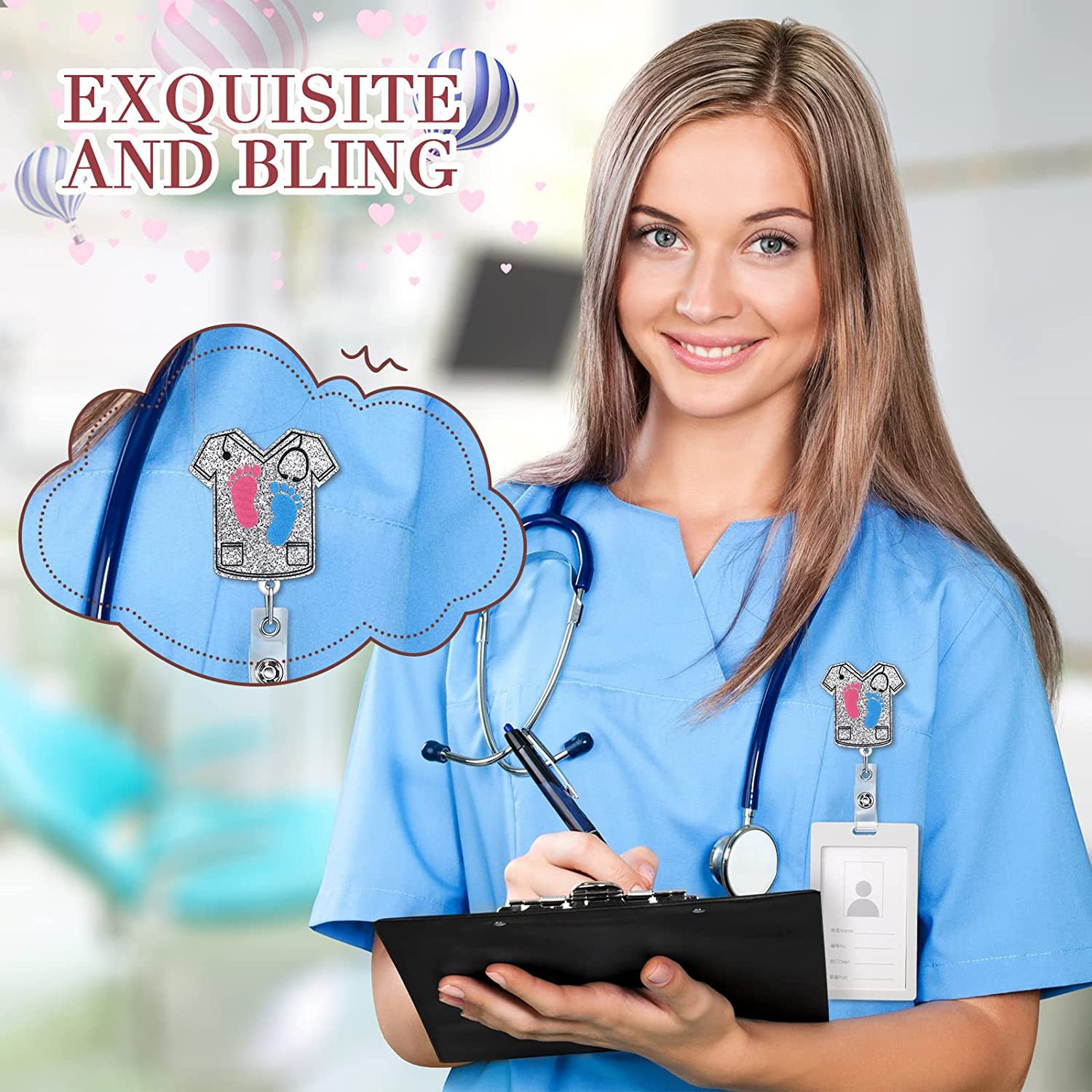 A-001 Plastic Glitter Badge Reel Clip Nurse Accessories Medical Field ID Card Holder Badge Holder Retractable Badge Reel