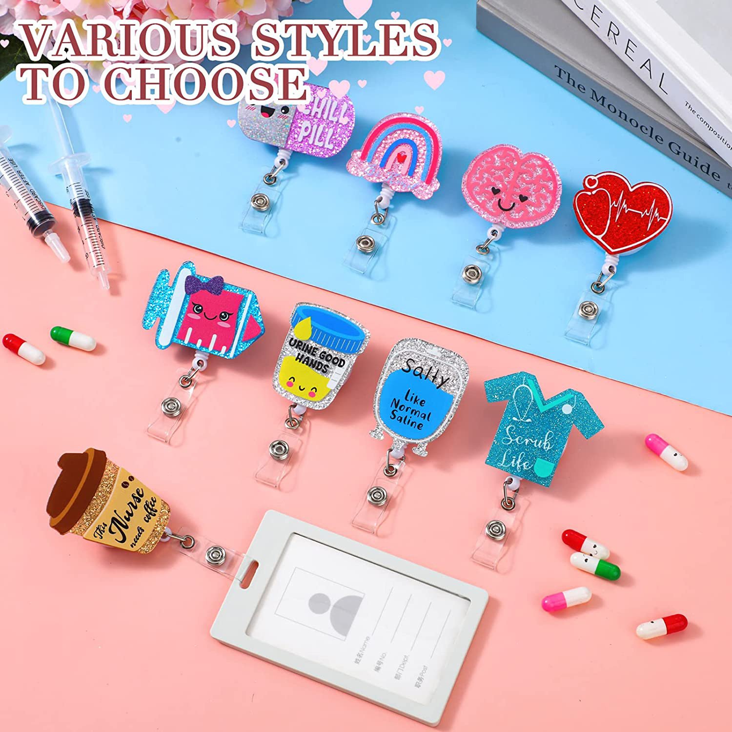 A-001 Plastic Glitter Badge Reel Clip Nurse Accessories Medical Field ID Card Holder Badge Holder Retractable Badge Reel