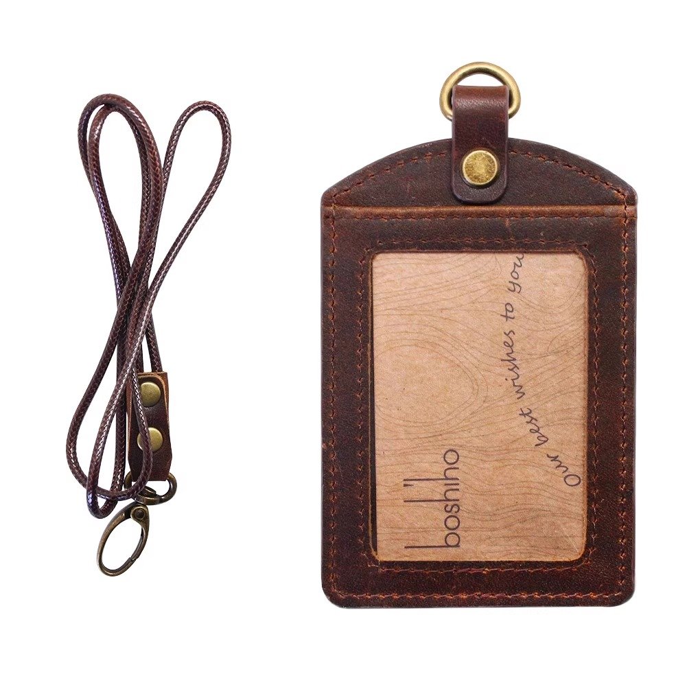 Boshiho genuine leather crazy horse business card horizontal school id retractable security badge holder with lanyard