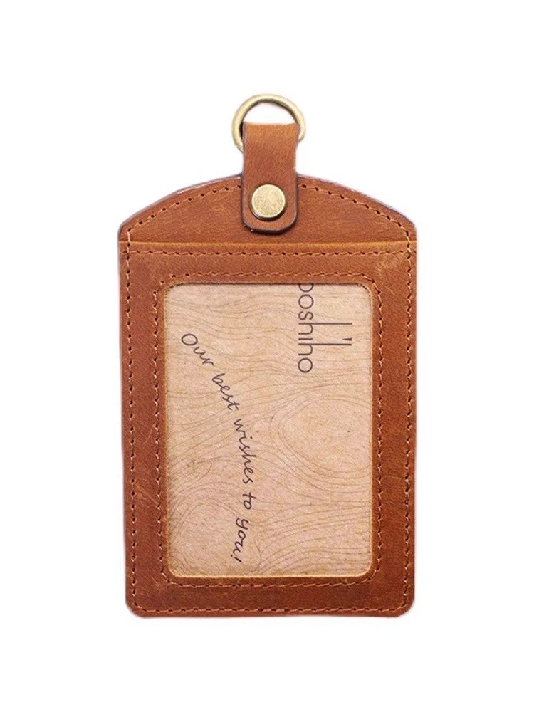 Boshiho genuine leather crazy horse business card horizontal school id retractable security badge holder with lanyard