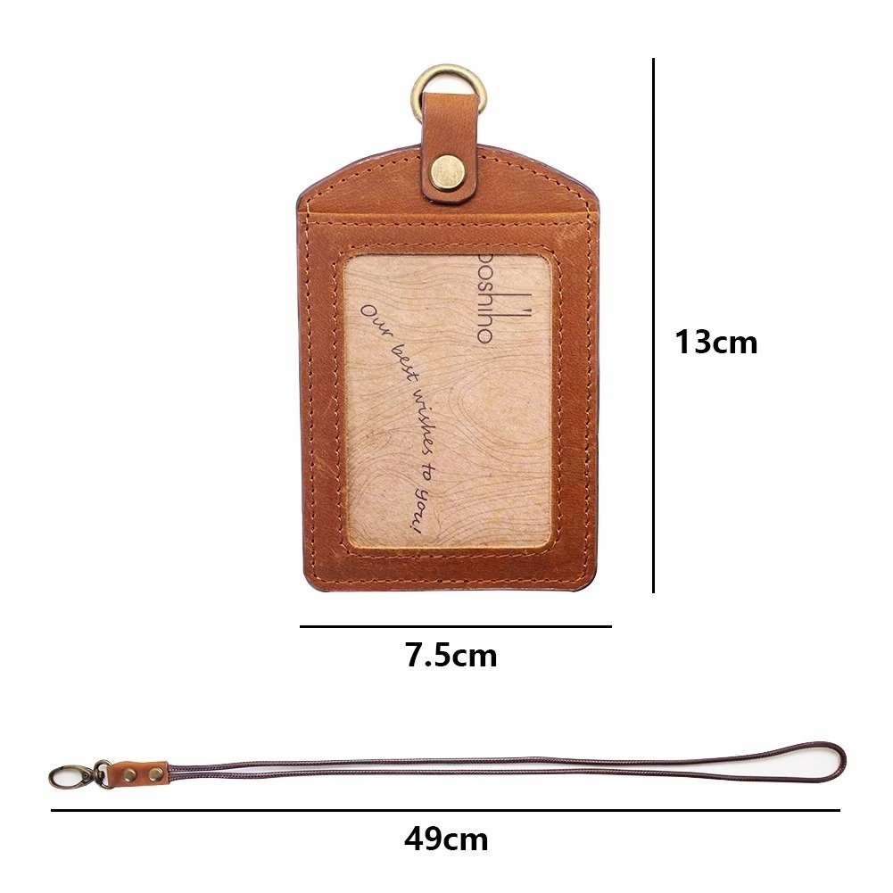 Boshiho genuine leather crazy horse business card horizontal school id retractable security badge holder with lanyard