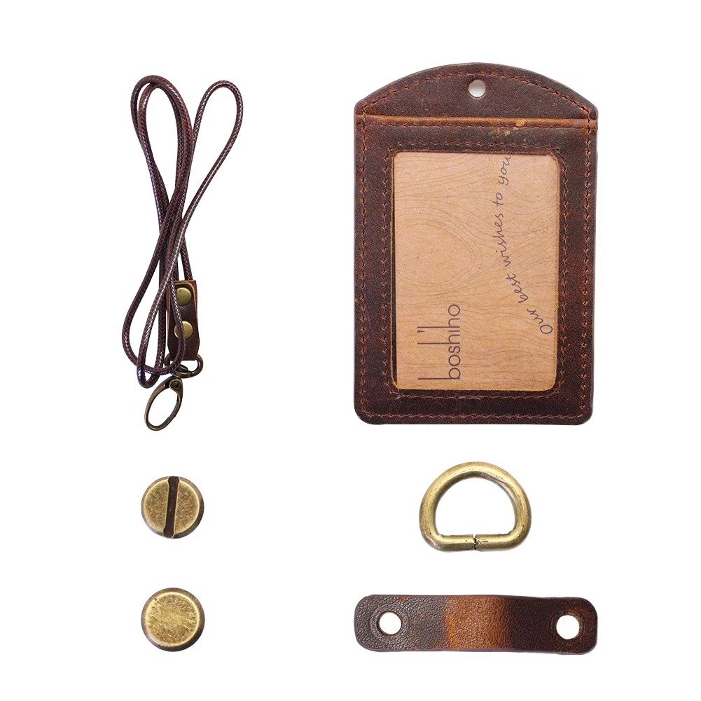Boshiho genuine leather crazy horse business card horizontal school id retractable security badge holder with lanyard