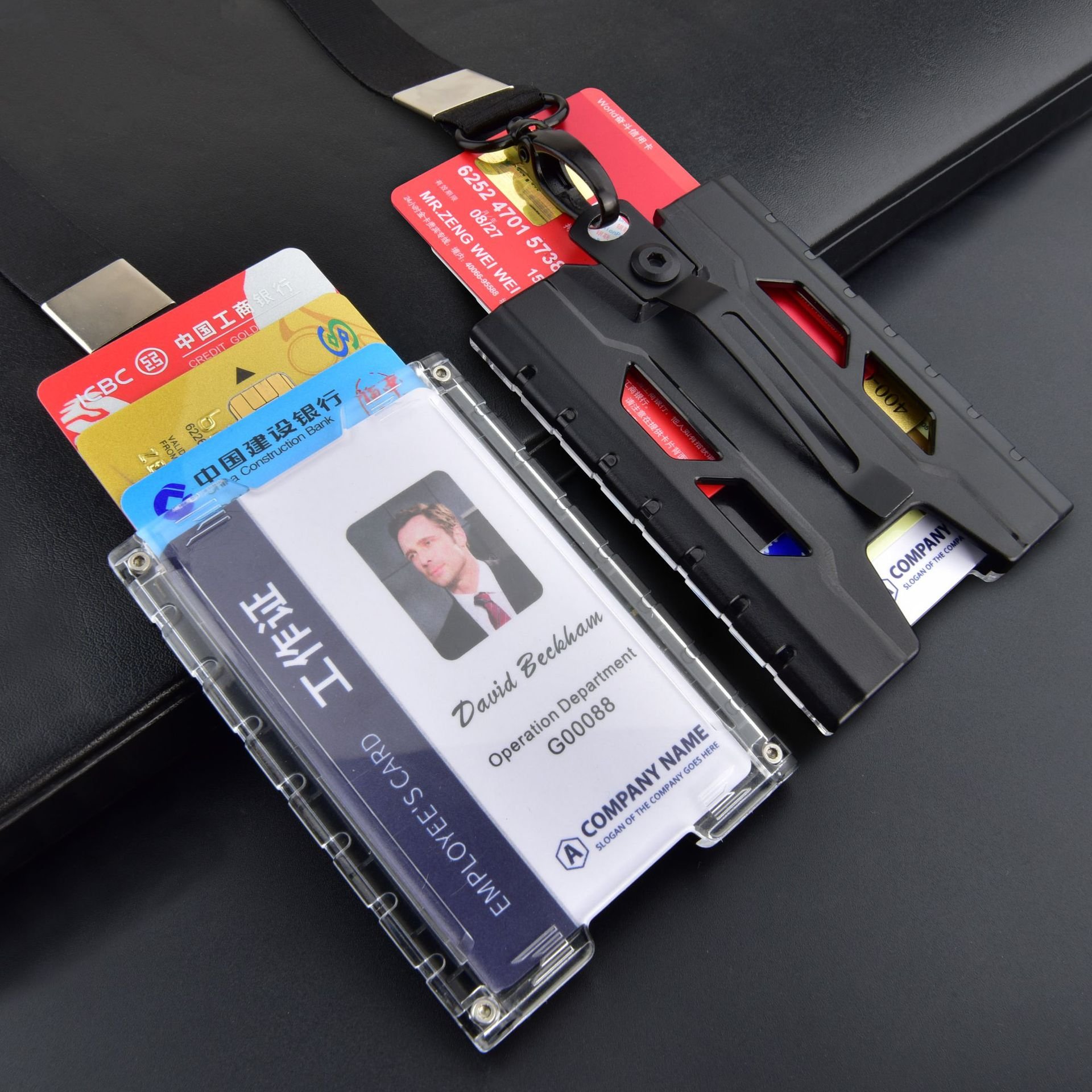Heavy Tactical Machine Gun Black Multi Cards Badge Holders Vertical Hard Plastic ID Badge Holder with Lanyard and Metal Clip