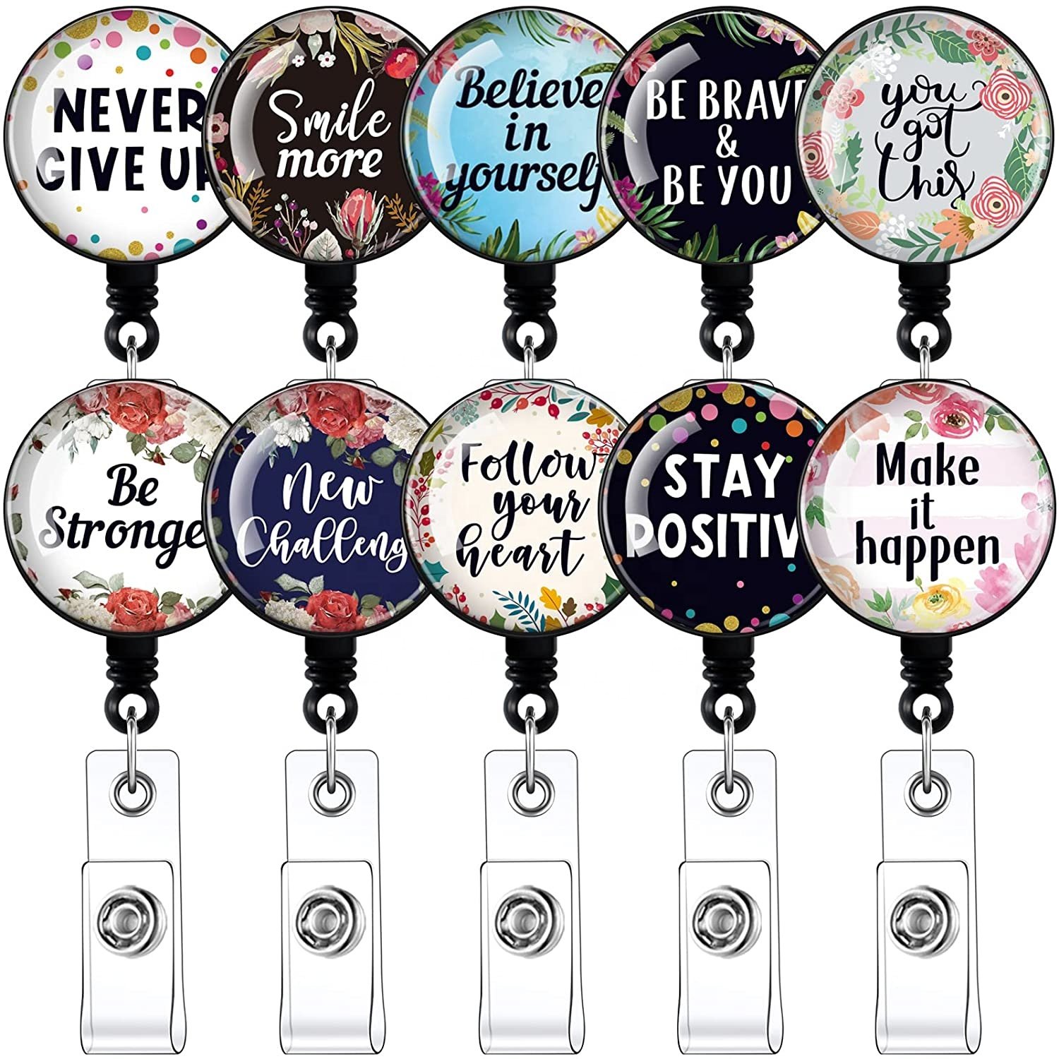 Customized Badge Reel with Motivation Quotes Retractable ID Badge Holder Inspirational Badge Reels with Clip on ID Card Holders