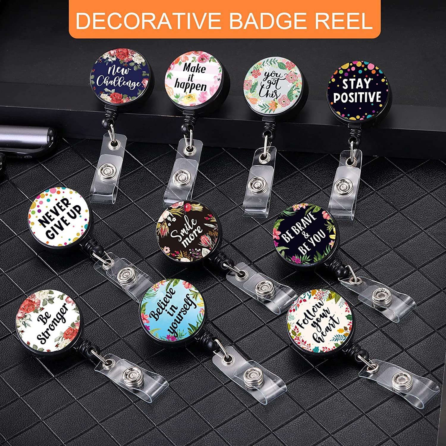 Customized Badge Reel with Motivation Quotes Retractable ID Badge Holder Inspirational Badge Reels with Clip on ID Card Holders