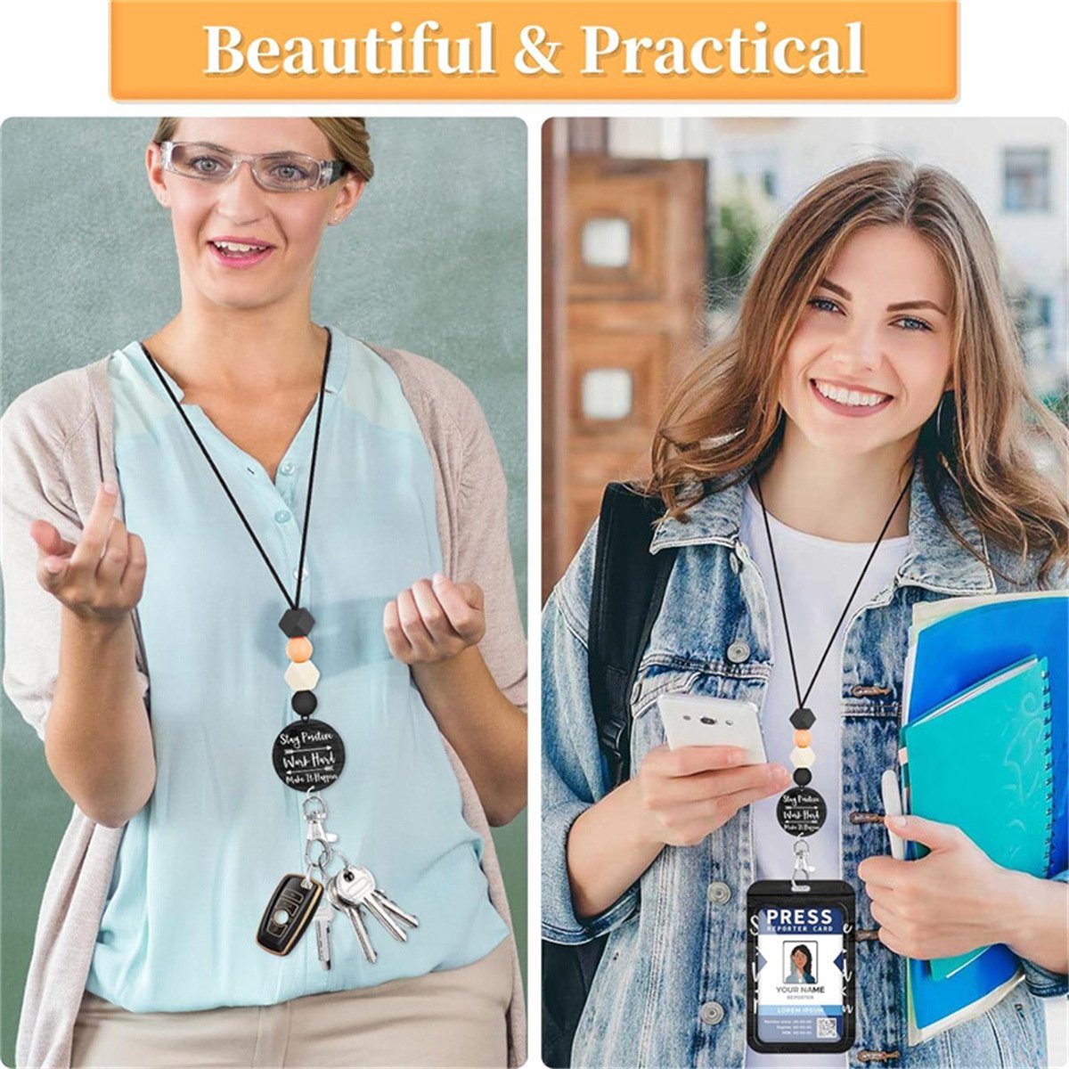 High quality black text silicone bead easy to pull buckle card holder nurse chest badge work ID necklace mobile phone neck strap