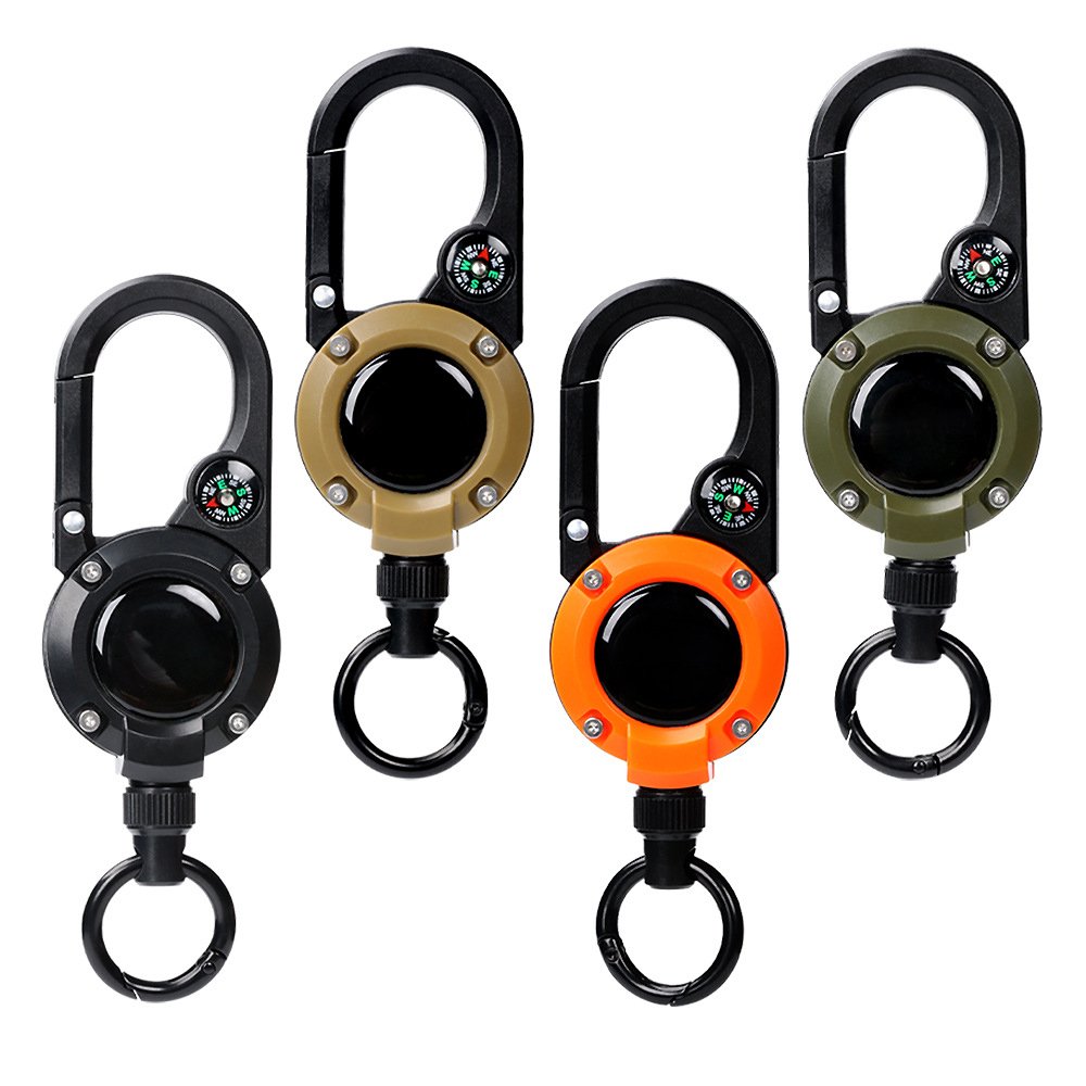 P-057 Customized Logo Outdoor Heavy Duty Retractable Buckle Badge Holder Key Chain Clip Badge Reel with Compass Carabiner