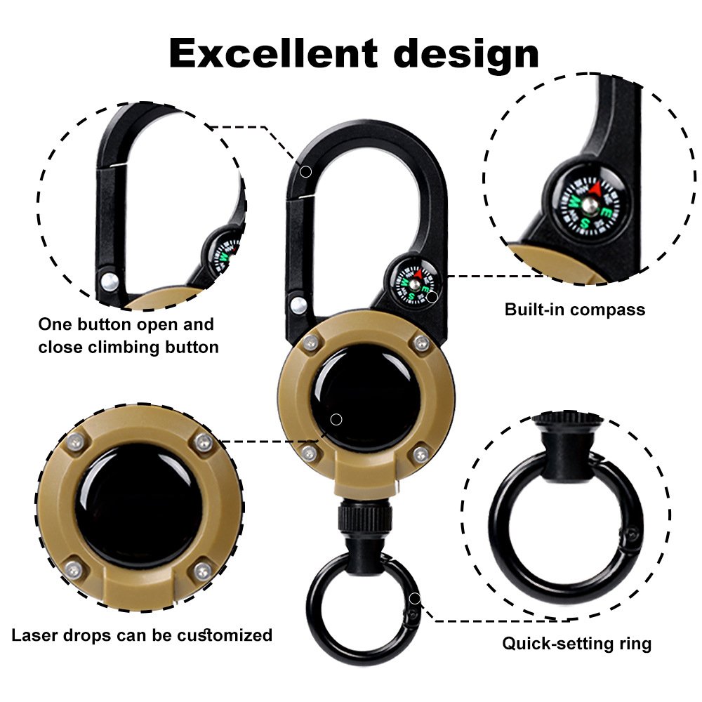 P-057 Customized Logo Outdoor Heavy Duty Retractable Buckle Badge Holder Key Chain Clip Badge Reel with Compass Carabiner