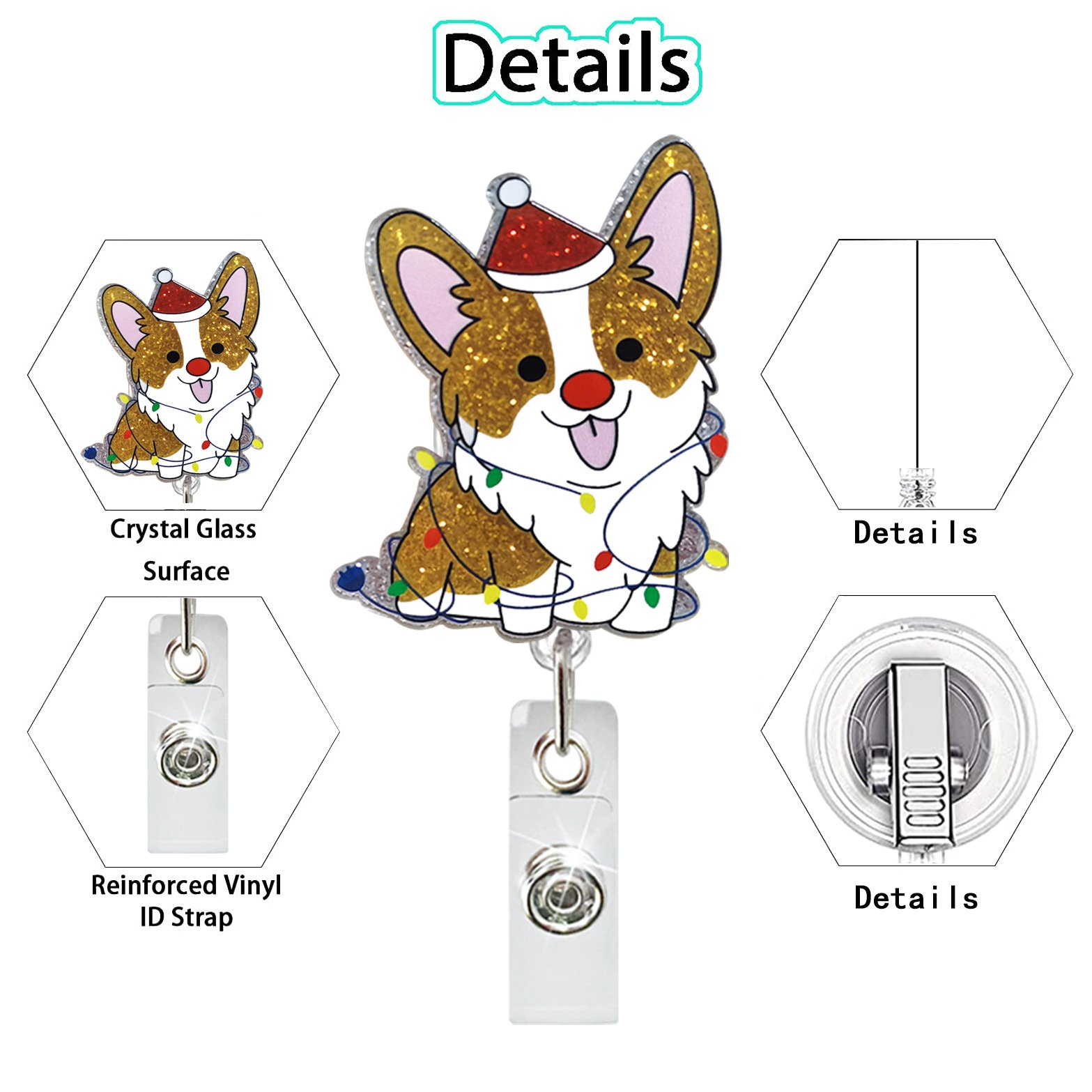 Christmas Glitter Acrylic Sloth Dinosaur Crane Puppy Rotating Alligator Clip Retractable Nurse Badge Reel with ID Holder Clip