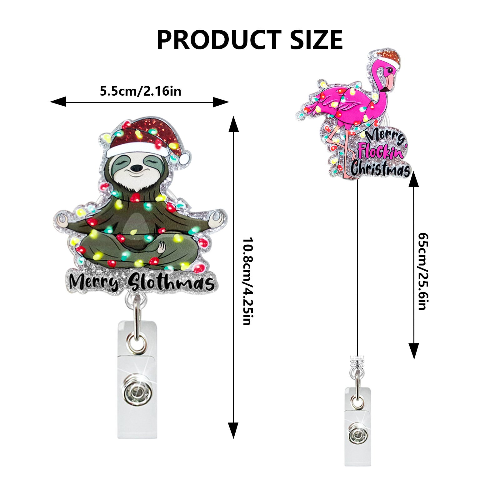 Christmas Glitter Acrylic Sloth Dinosaur Crane Puppy Rotating Alligator Clip Retractable Nurse Badge Reel with ID Holder Clip