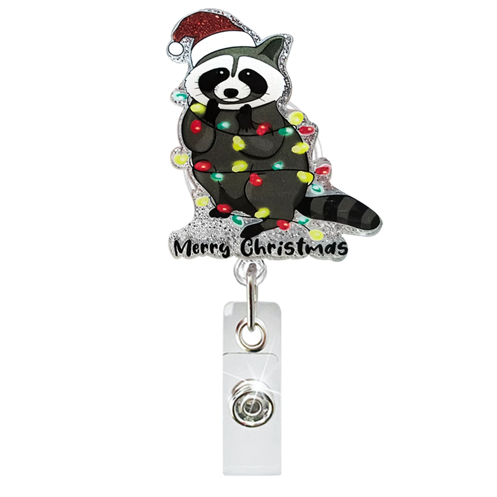 Christmas Glitter Acrylic Sloth Dinosaur Crane Puppy Rotating Alligator Clip Retractable Nurse Badge Reel with ID Holder Clip