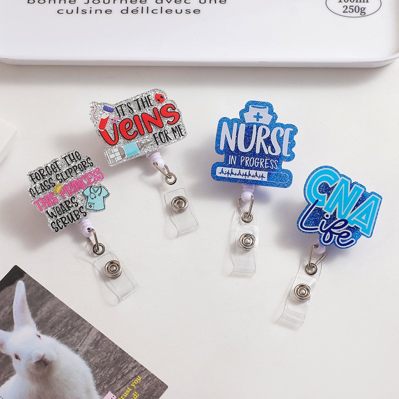 ABO Customized Wholesale Nurse CNA Badge reel Acrylic Plastic Glitter Badge Reel Medical Field Holder Nurse Accessories