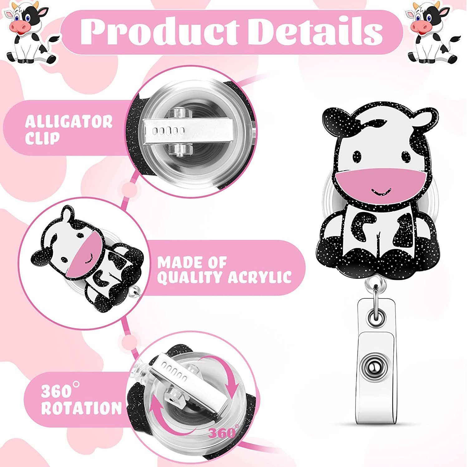 Cute animal Cow Silicon Retractable Badge Holder Reels with Belt Clip ID Card Holder Name Badge Reel Clips for Students Teachers