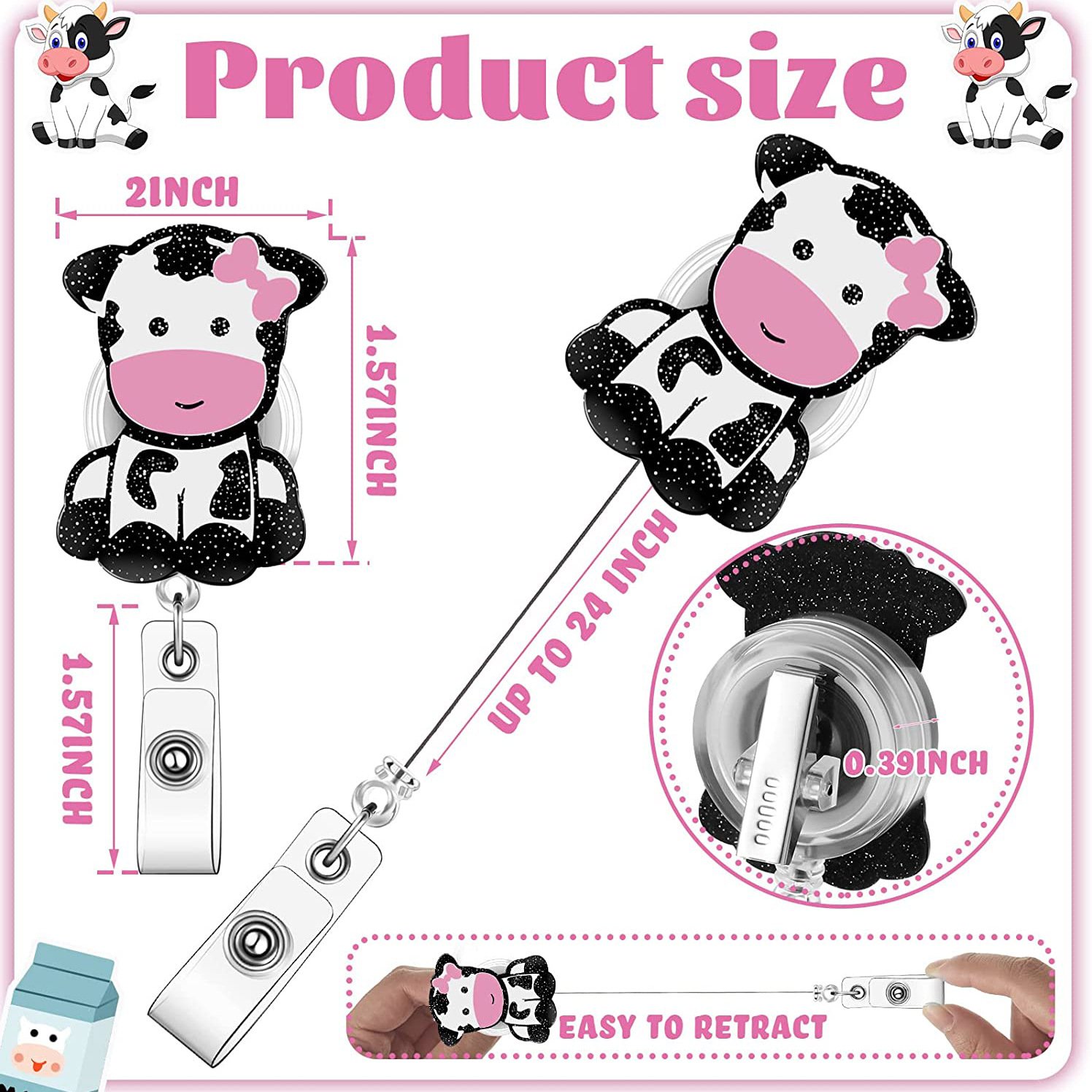 Cute animal Cow Silicon Retractable Badge Holder Reels with Belt Clip ID Card Holder Name Badge Reel Clips for Students Teachers