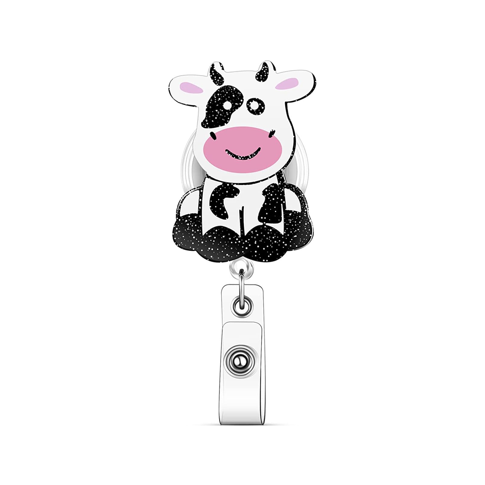 Cute animal Cow Silicon Retractable Badge Holder Reels with Belt Clip ID Card Holder Name Badge Reel Clips for Students Teachers