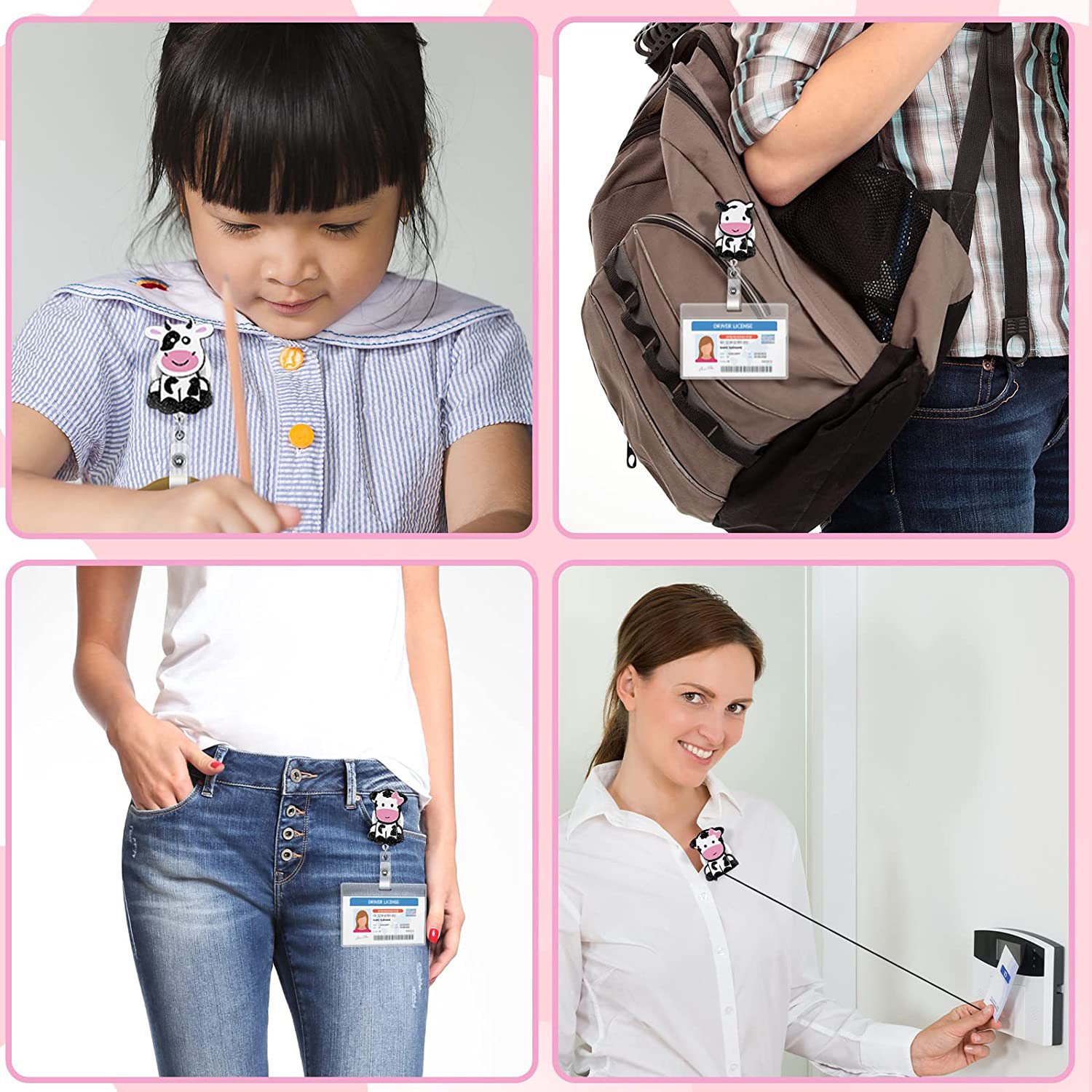 Cute animal Cow Silicon Retractable Badge Holder Reels with Belt Clip ID Card Holder Name Badge Reel Clips for Students Teachers