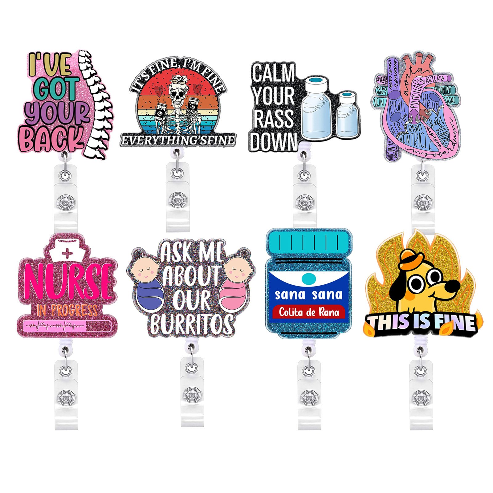 Funny Sana Sana Acrylic Glitter Nurse Accessories ID Card Badge Holder Retractable Badge Reel with Alligator Clip